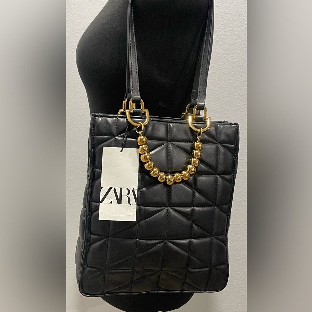 Zara Black Quilted Shoulder Handbag Tote with Gold Beads RARE